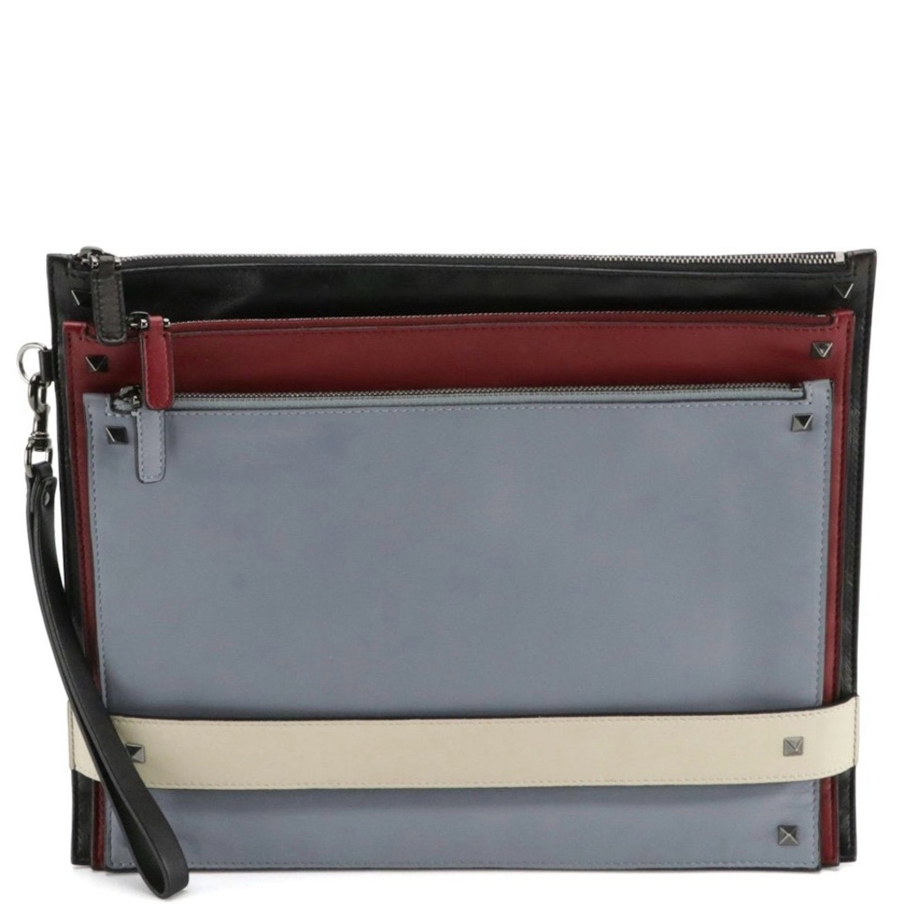 Valentino Garavani Rockstud Triple Zip Clutch in Calfskin
Leather Red/Blk/Blu/Wh